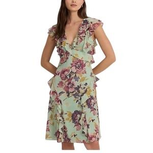 Lauren Ralph Lauren Floral Ruffle Georgette Dress Black Label Sz 8 Green Purple